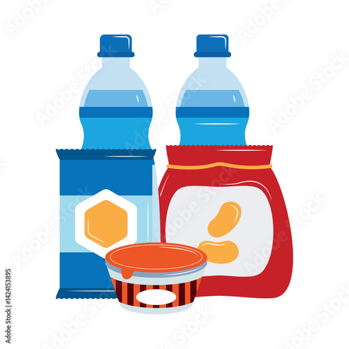 Emergency Food Bottled Water Chips Packaged Cans Flat Container Vector