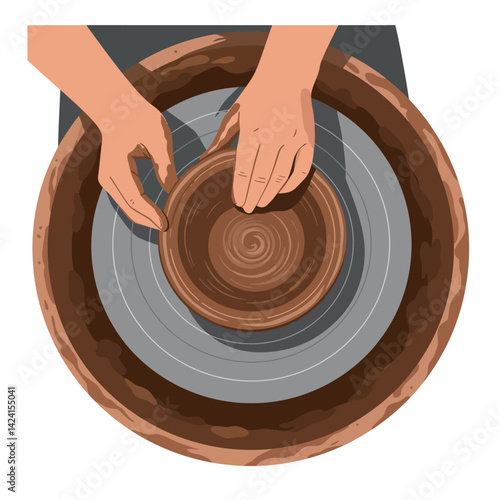 Hands shaping clay pot on pottery wheel top view vector illustration art 
