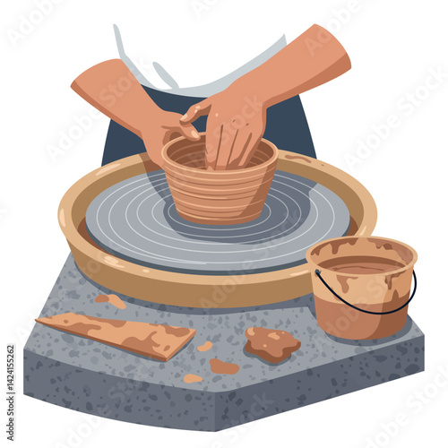 Hands shaping pottery on wheel with clay bucket and tools vector illustration 