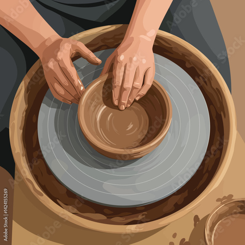 Hands shaping clay on pottery wheel creating ceramic bowl art craft vector illustration 