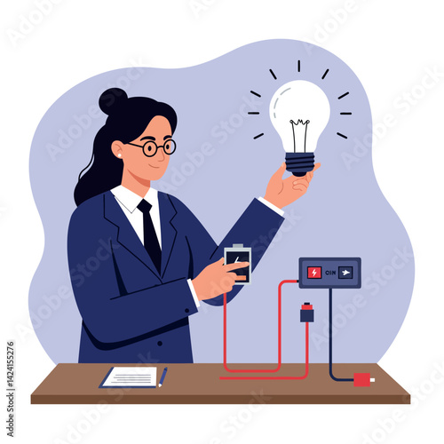 Woman conducting electrical experiment with light bulb and battery vector illustration educational concept 
