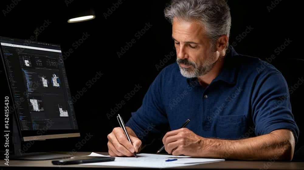 Man Working at Desk with Computer, Analyzing Data and Taking Notes in Modern Office Setting Man Working at Desk with Computer, Analyzing Data and Taking Notes in Modern Office Setting