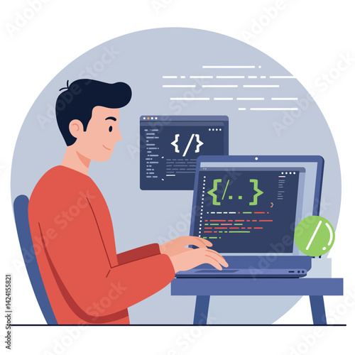 Young programmer coding on laptop with code windows in modern workspace vector illustration 