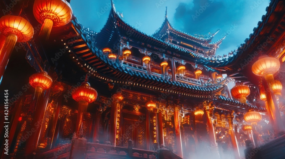 Ancient Chinese temple at twilight, adorned with ornate lanterns Ancient Chinese temple at twilight, adorned with ornate lanterns