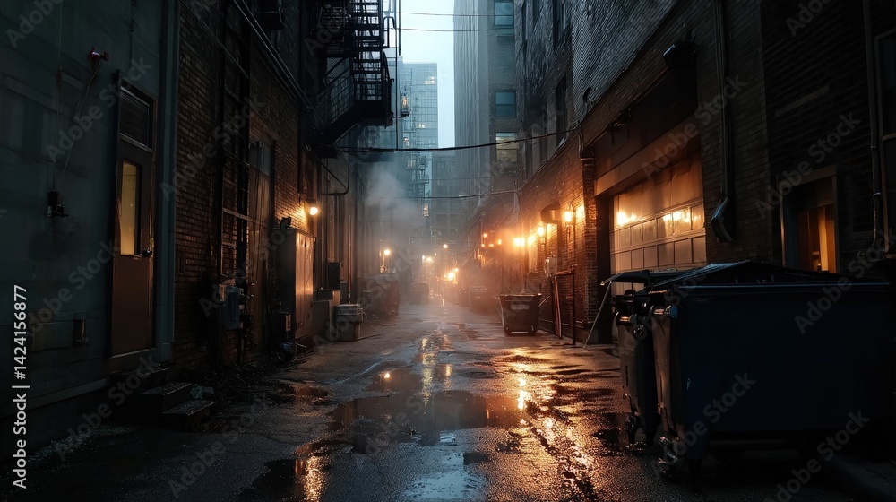 Fog and light rain in a city alley urban scene realistic photograph gloomy environment ground level atmospheric mood Fog and light rain in a city alley urban scene realistic photograph gloomy environment ground level atmospheric mood