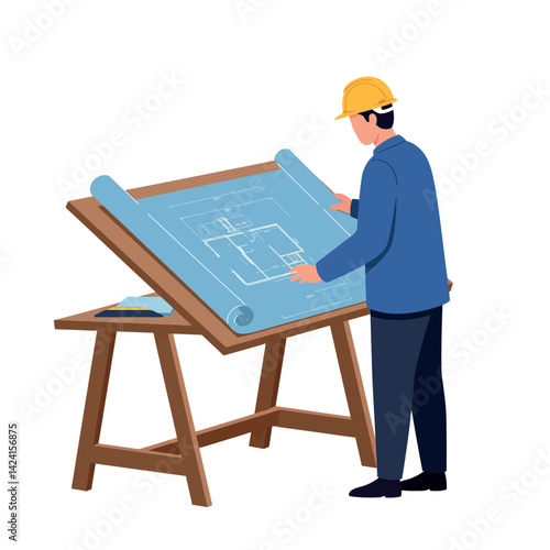 Architect reviewing building blueprint on wooden drafting table vector illustration 