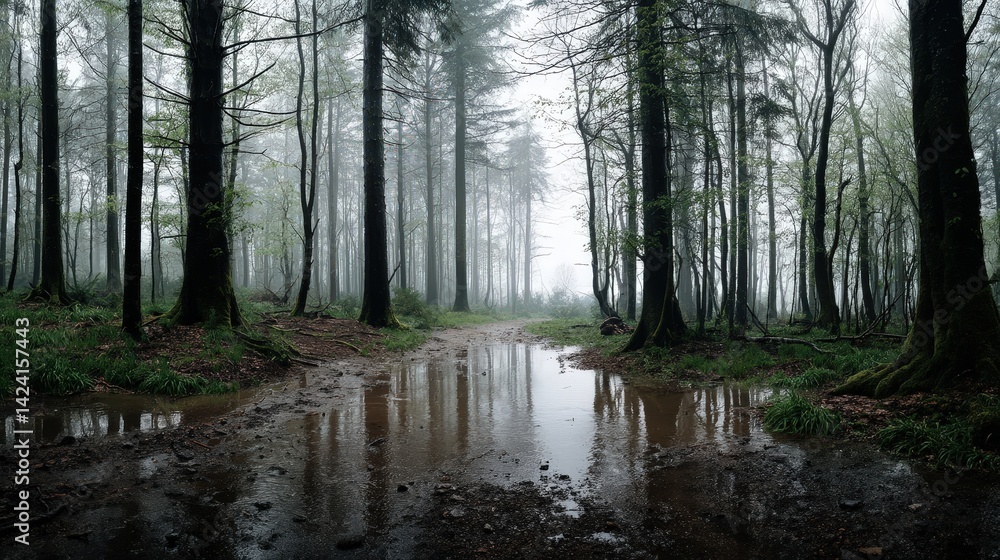 Misty forest scene enchanted woodland realistic photography serene environment ground level viewpoint nature's beauty Misty forest scene enchanted woodland realistic photography serene environment ground level viewpoint nature's beauty