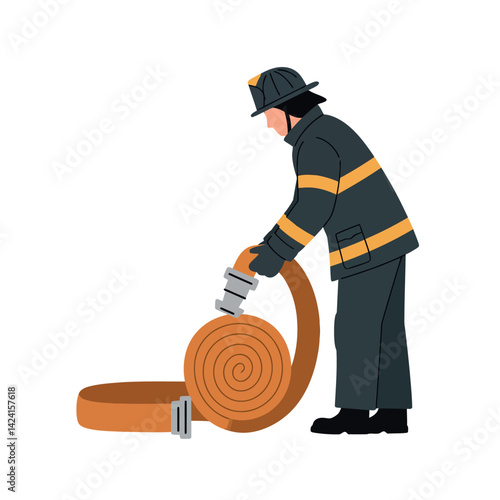Firefighter rolling orange fire hose in safety uniform and helmet vector illustration 