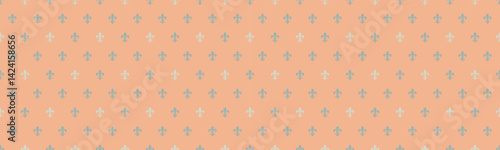 Elegant peach background adorned with a repeating pattern of subtle fleurdelis motifs in muted tones.  Perfect for adding a touch of sophistication to websites, stationery, or textile designs.