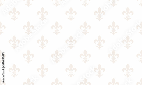 Elegant seamless pattern of subtle fleurdelis on a white background.  Perfect for wedding invitations, luxury branding, or adding a touch of sophistication to any design.