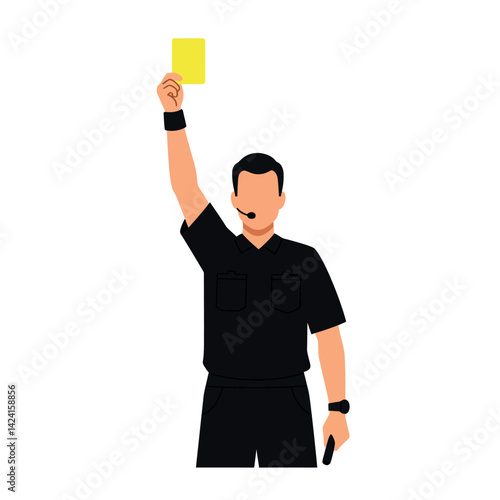 Soccer referee showing yellow card in black uniform holding whistle vector illustration 