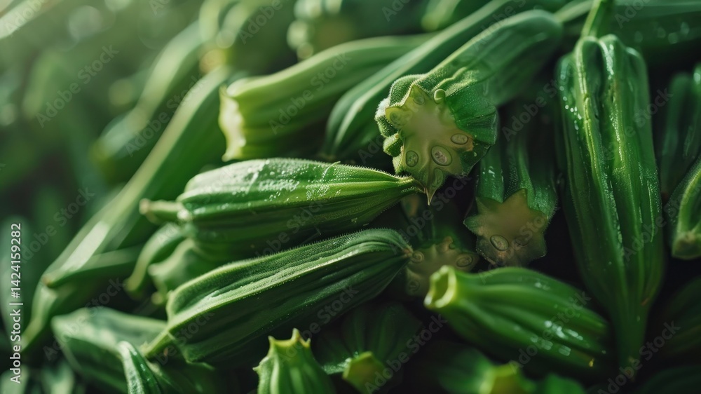 Fototapeta premium Close-up of fresh, green, ripe okra pods.