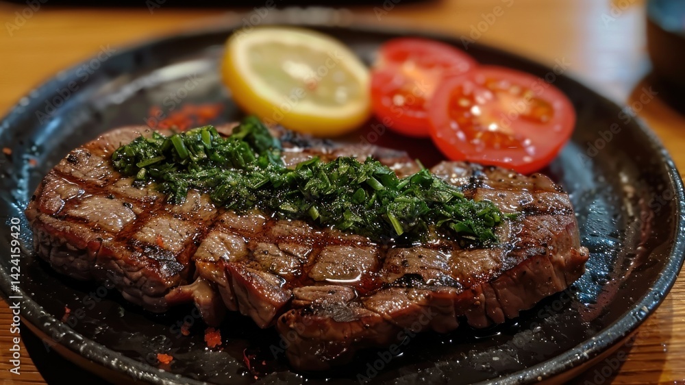 Grilled steak on black plate with tomato and lemon garnish, perfect for lunch. Grilled steak on black plate with tomato and lemon garnish, perfect for lunch.