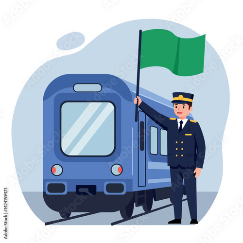 Train Conductor Holding Green Flag Next to Blue Locomotive Vector Illustration 