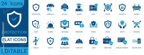 Protection flat icon set  editable vector icons for security, safety, antivirus, password, guard, shield, lock, helmet, secure payment, health, digital safety, rescue, secure data.