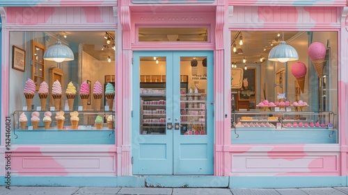 A charming pink and blue ice cream store with a whimsical storefront.