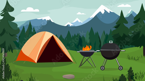 Camping tent and BBQ grill in forest with mountain view
