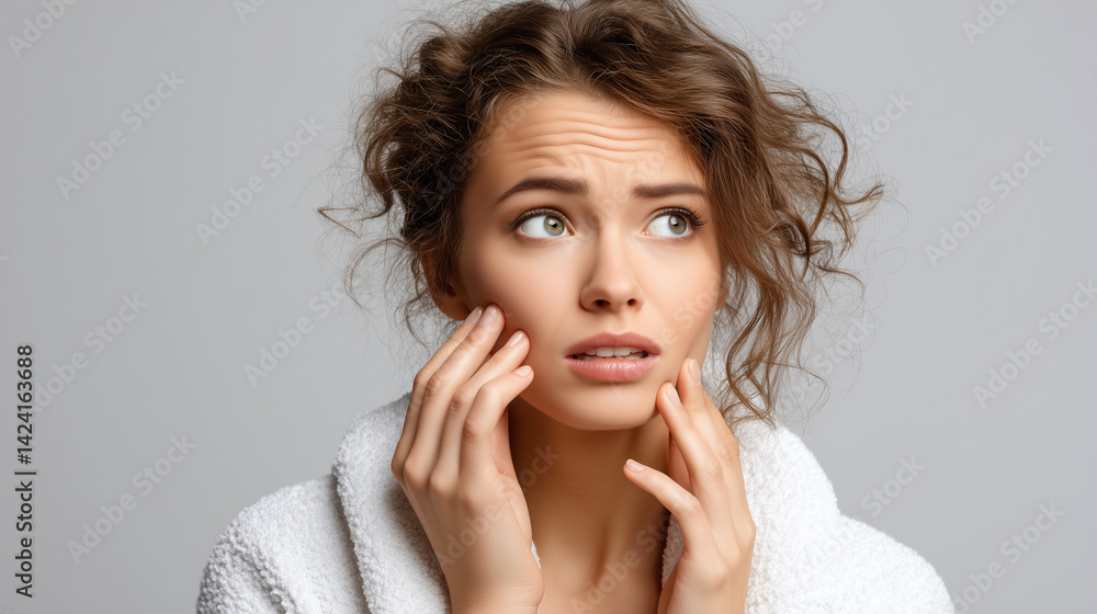 Young woman in bathrobe touching face, expressing concern while gazing away against neutral gray backdrop