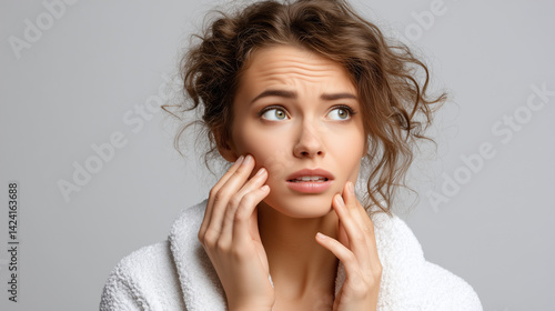 Obraz na płótnie Young woman in bathrobe touching face, expressing concern while gazing away against neutral gray backdrop w salonie