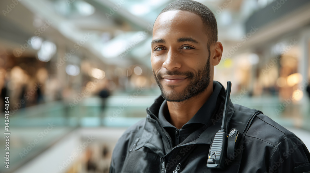 Portrait of a cheerful security guard working inside a shopping mall, wearing uniform and walkie talkie