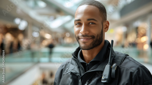 Obraz na płótnie Portrait of a cheerful security guard working inside a shopping mall, wearing uniform and walkie talkie w salonie