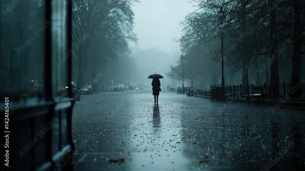 Obraz premium Solitary figure walking through rainy street urban environment realistic photograph somber mood wide angle isolation