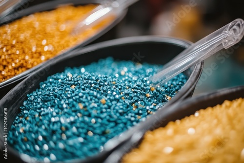 Bowls filled with blue and yellow plastic pellets with translucent scoops. Show processes or materials for manufacturing and industrial applications.