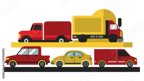 Car icons, vector, flat cartoon cars and transportation. Cars, vans, cargo trucks, off-road, buses, sports cars, pickup trucks.