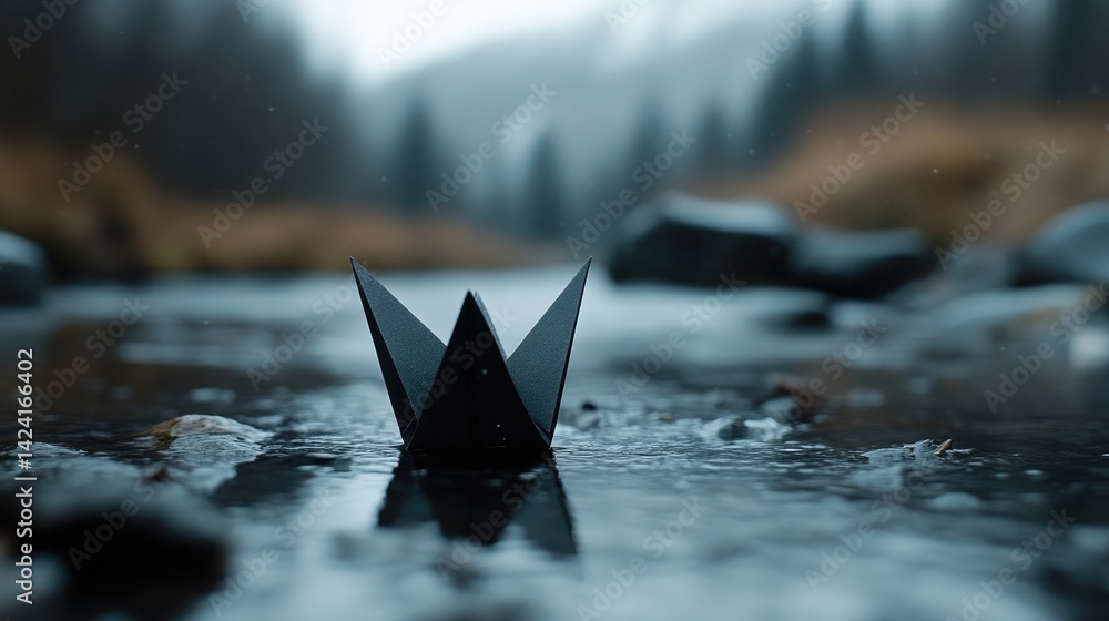 Fototapeta premium Dark origami boat adrift in a cold mountain stream