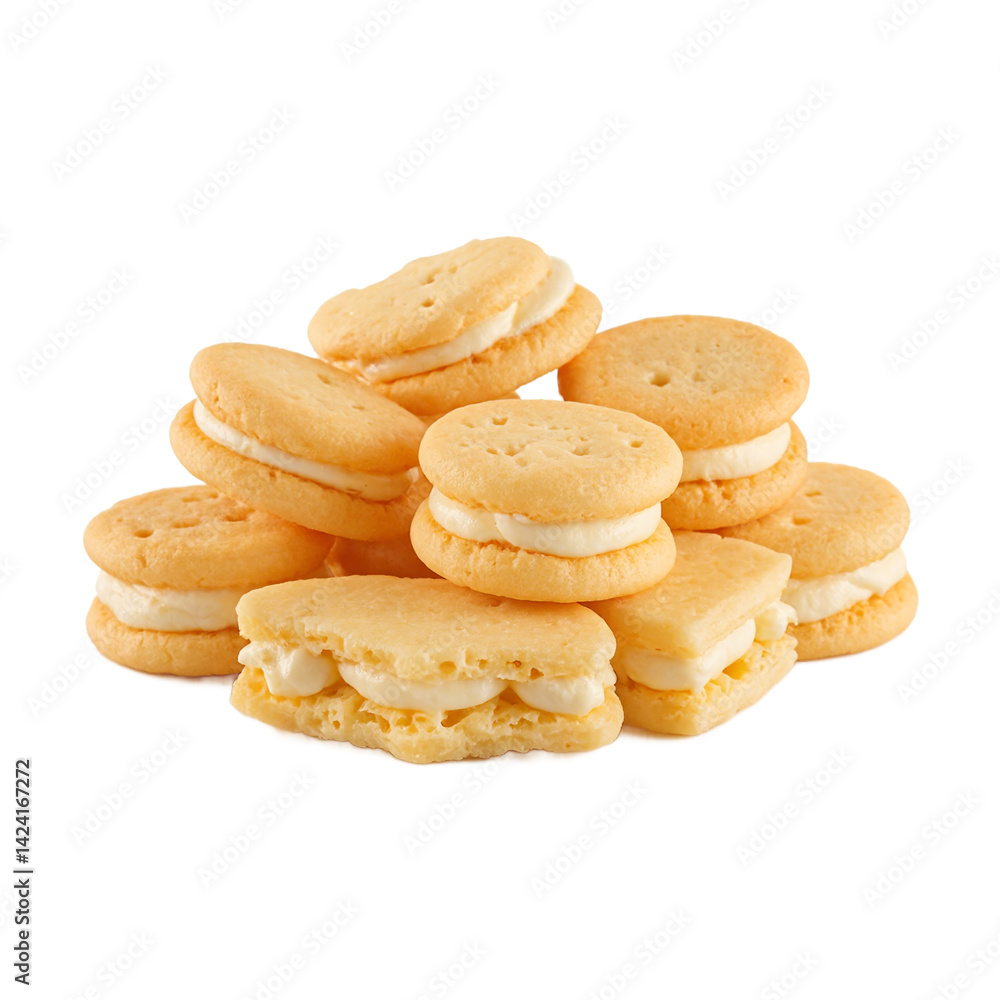 Isolated stack of vanilla cream filled sandwich cookies on a white background Isolated stack of vanilla cream filled sandwich cookies on a white background