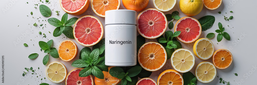 container with inscription naringenin, many citrus, mint background