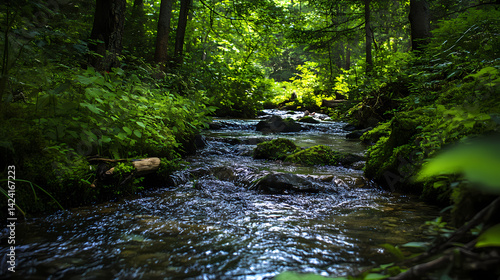 A mindful walk through a tranquil forest, focusing on the sounds of nature. Mindveil Stream. Illustration