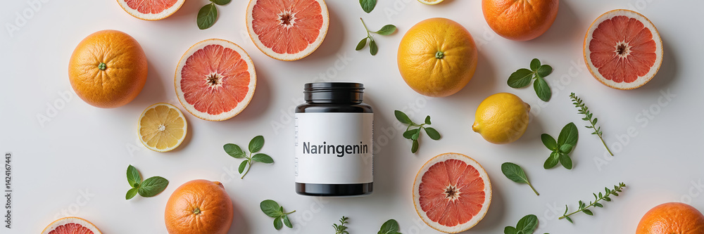 container with inscription naringenin, many citrus, mint background
