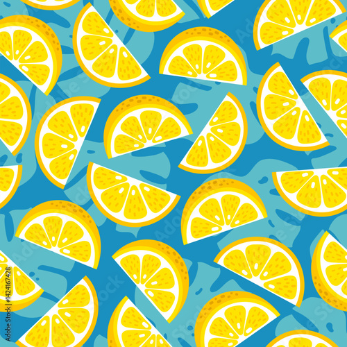 Vector lemon slices and palm leaves seamless pattern. Tropical fruit exotic summer print. Hand drawn wedge of lemon and monstera leaf background. Citrus texture for wrapping, textile, fabric, cover.