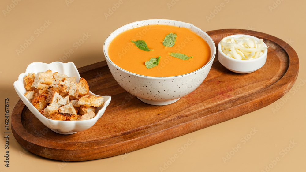 Tomato soup bowl with crackers on wooden tray Tomato soup bowl with crackers on wooden tray