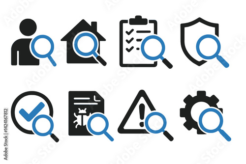Black and blue inspection icons are included in this vector pack