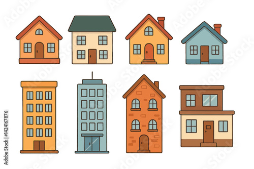 Various structures and colors of houses, apartment buildings, office towers, and private homes are bundled together in a flat cartoon design to form a cityscape, with each element illustrated in