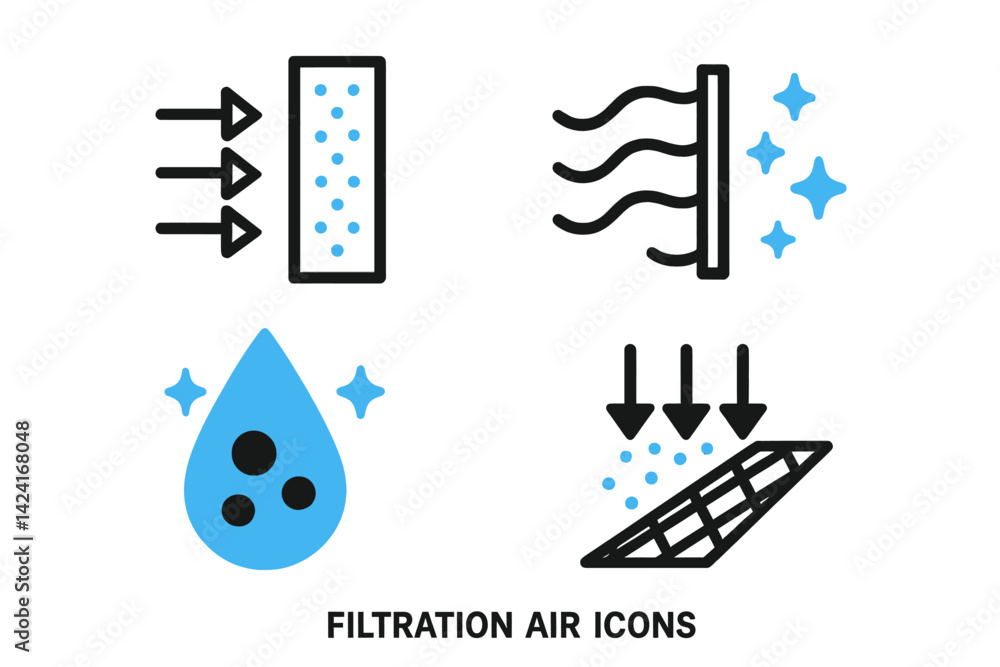 Fototapeta premium The icons representing air filtration are shown in blue and black on a white backdrop