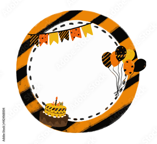 cute hand drawn Blank rounded photo text frame in orange black stripe police line construction work site safety road street circle with happy birthday cake balloons party clipart bunting flag vector