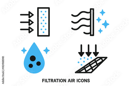 The icons representing air filtration are shown in blue and black on a white backdrop