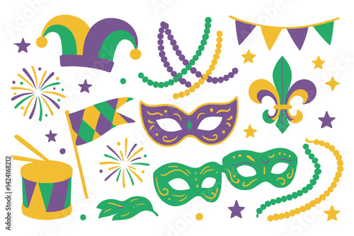 A collection of colorful carnival elements, including jester hats, masks, beads, and fleur de lys, is presented in the Mardi Gras Design Elements Set, which showcases traditional symbols and colors