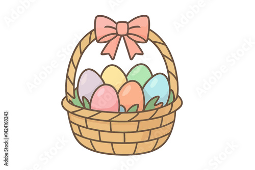 A flat vector cartoon illustration featuring a colorful Easter basket with pastel-painted Easter eggs