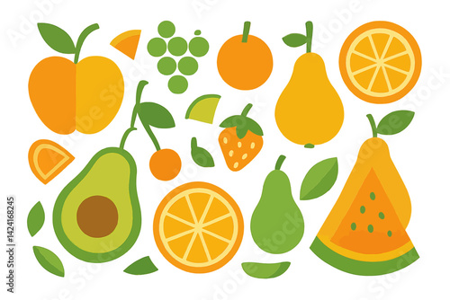 Organic food is depicted in a vector flat illustration of geometric pattern fruits, utilizing orange, yellow, and green colors, ideal for packaging, posters, banners, and postcards