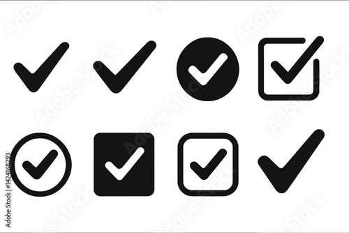 The checkmark icons collection includes related themes like approvals, agreements, checklists, and verification, presented in a solid colors style and vector illustration, set against a white