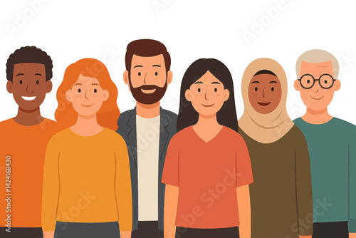 A range of people are standing together side by side, as depicted in a flat vector illustration