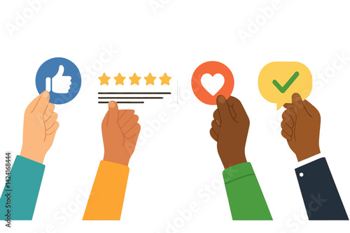 Customers offer their opinions through ratings and feedback, as hands of different skin colors participate in voting, accompanied by positive symbols such as likes, hearts, and thumbs up, represented