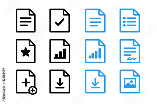 Include a set of document icons featuring black and blue colors in the collection