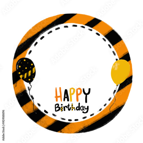 cute hand drawn Blank rounded photo text frame in orange black stripe police line construction work site safety road street circle with happy birthday text balloons party clipart bunting flag vector