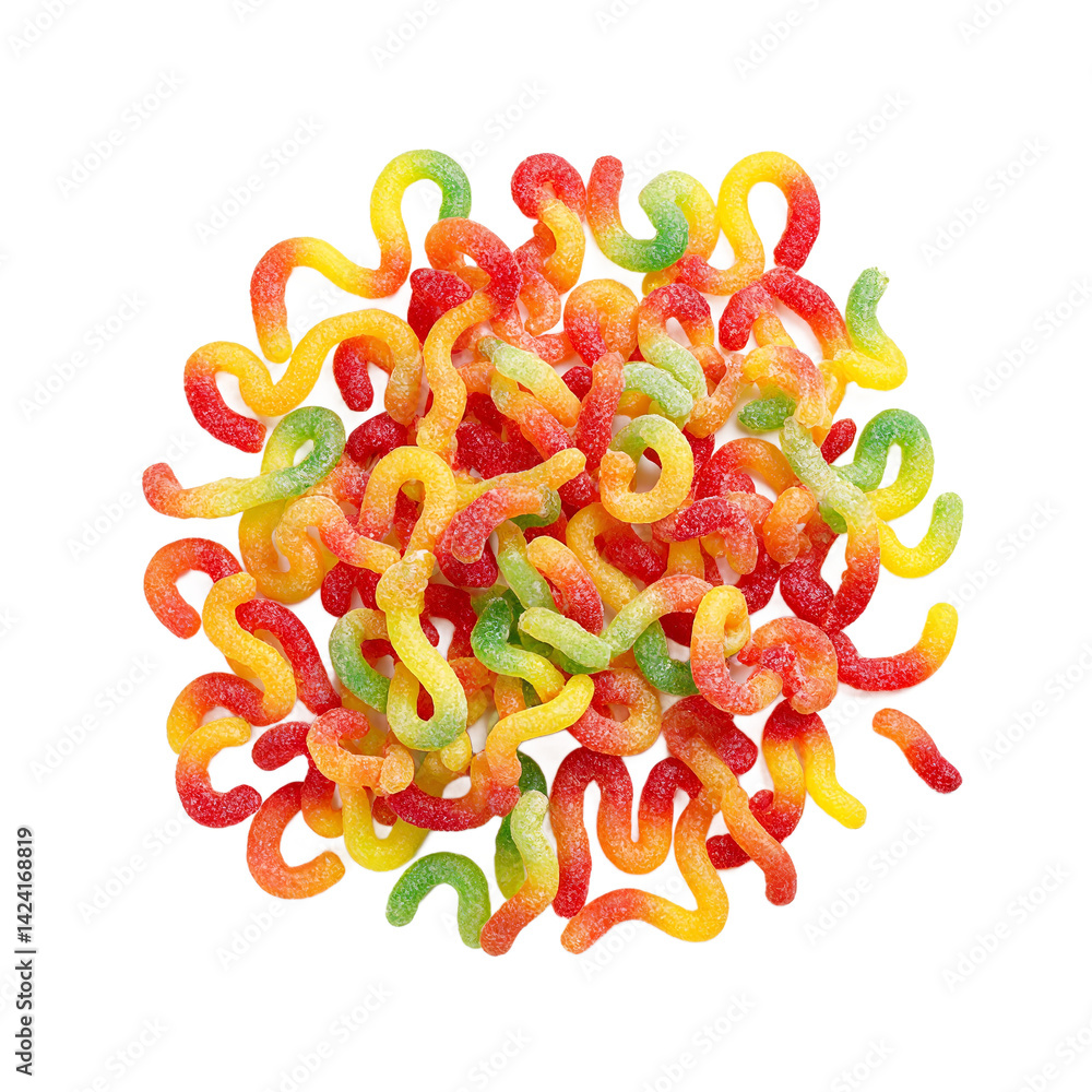Colorful pile of rainbow sour gummy worms isolated on white background