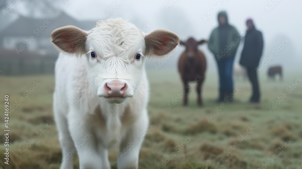 Obraz premium Curious white calf surrounded by farm life in misty pastures